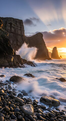 Spectacular Sunset over a Wild Coast with Waves Breaking on Cliffs and Pebbles