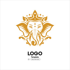 Elegant Golden Elephant Head with Crown Ornament Decorative Logo Design
