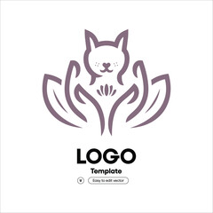 Minimalist Line Art Cat and Hands with Leaves Logo Template