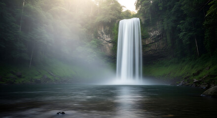 Majestic Waterfall in Misty Green Forest with Smooth Water