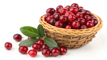 Cranberry in wicker basket and some cranberry on white Background