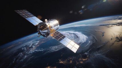 Obraz premium Satellite orbiting earth, solar panels extended, in outer space satellite