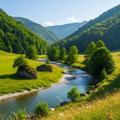 Scenic River Flowing Through Lush Green Valley with Forested Mountains