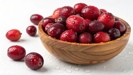 Cranberry in bowl with water drop in white background
