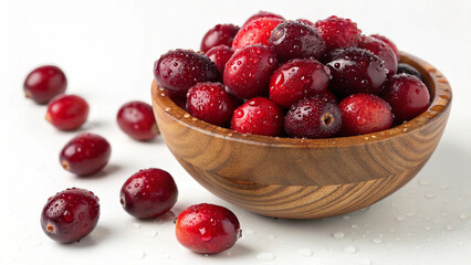 Cranberries in bowl with water drop isolated in white background