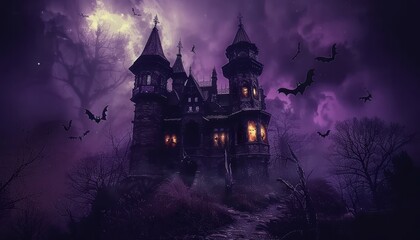 A spooky vampire castle on halloween night with bats, eerie glowing windows, and gothic atmosphere