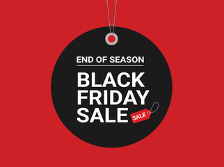 End of season black friday sale promotion on black tag with red background for online advertising