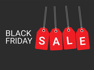 Black friday sale promotion on red tags with dark gray background for online advertising campaign