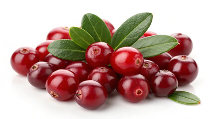 Some Fresh Cranberries with leaves in white background