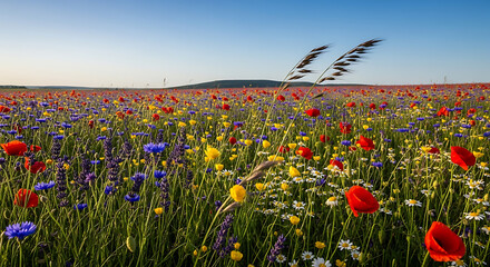 Vibrant Wildflower Meadow with Poppies and Cornflowers Under Blue Sky
