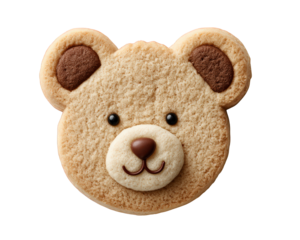 Adorable teddy bear face biscuit with cute happy expression. brown cookie snack food isolated on transparent background, sweet treat perfect for child