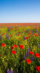 Vibrant Meadow with Red Poppies, Purple Lupines, and Yellow Wildflowers