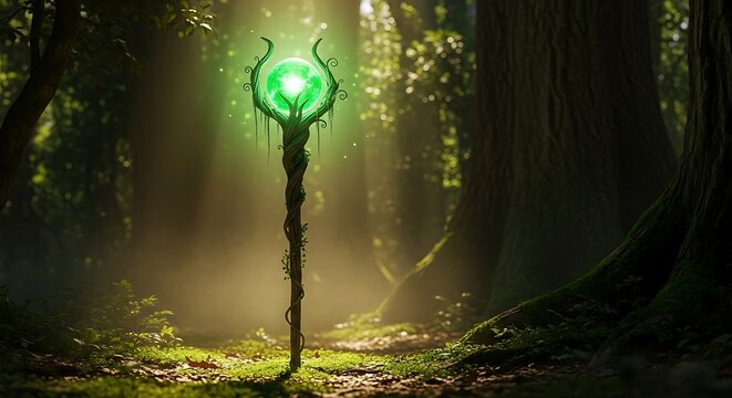 Enchanted Forest Staff with Green Orb.