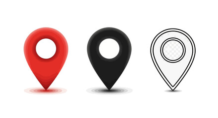 Fototapeta premium Set of three location pin icons red, black, and outlined, perfect for maps, navigation, and wayfinding