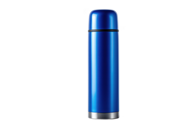 Sleek blue metallic thermos with silver base and black band isolated on a transparent background bottle