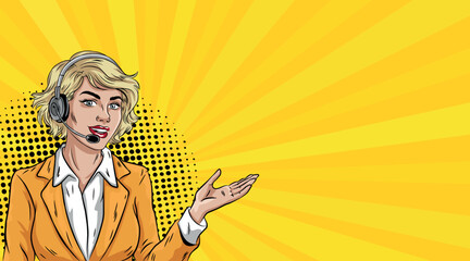 A young female operator wearing headphones. On a yellow background. Pop art comic book style vector.