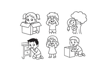 Line art different colourful children cartoon simple kids playing hide and seek bundle of 6 unique funny vector illustrations isolated on white background.
