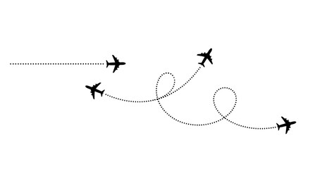 Stylized graphic illustration featuring multiple airplanes with distinct dotted flight paths, symbolizing air travel, global journeys, diverse routes, and navigation concepts