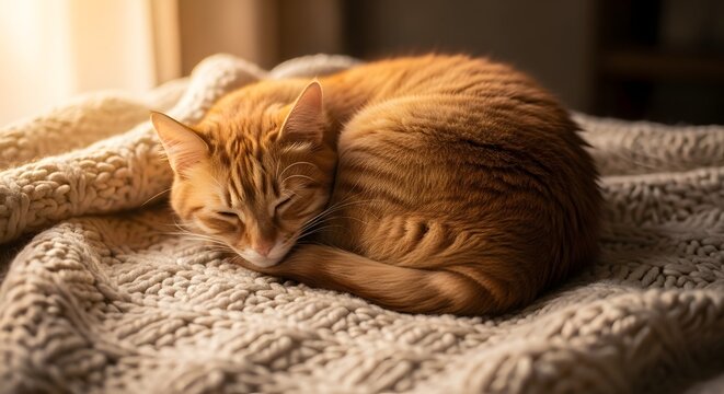 Ginger cat curled up asleep on a cream colored knitted blanket in soft light near a window indoors