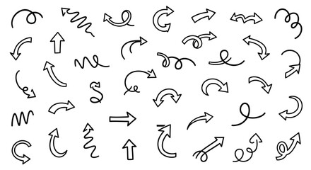 Dynamic collection of black outline hand-drawn arrow icons, including curved, wavy, straight, and twisted styles, perfect for adding visual guidance or artistic flair to any project