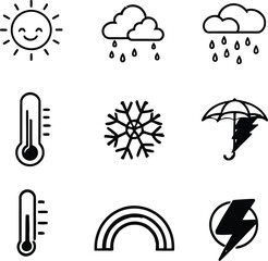 Various weather icons including sun clouds rain thermometer snowflake umbrella rainbow and lightning bolt