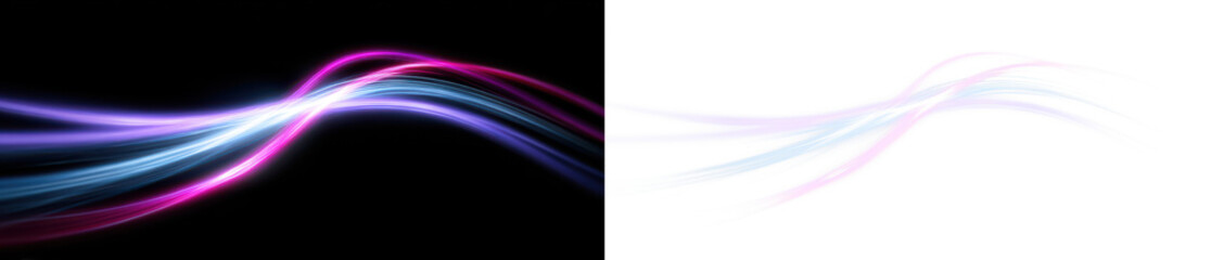 Colorful Flowing Lines in Pink and Blue Display on Black and Transparent Background, png