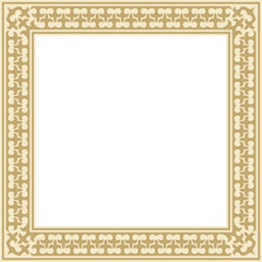 Vector golden square Kazakh national ornament. Ethnic pattern of the peoples of the Great Steppe, Mongols,  Kyrgyz, Kalmyks, Buryats. Square frame border.