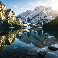 Serene Mountain Lake Reflecting Towering Peaks and Green Forests at Sunrise