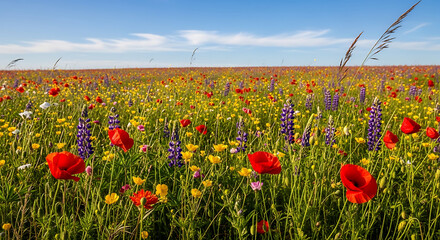 Vibrant Wildflower Meadow with Poppies, Lupines, and Blue Sky
