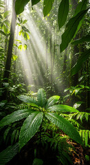 Ethereal Sunlight Rays Piercing Through Lush Tropical Rainforest Canopy
