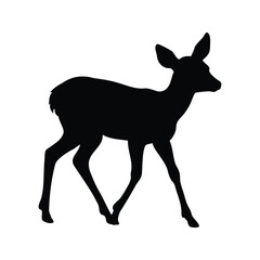 Striking silhouette of a young deer gracefully traversing a white background landscape, fawn walking silhouette vector illustration
