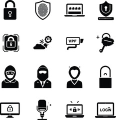 A collection of sixteen black and white security and privacy icons on a white background in a grid format