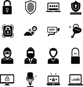 A collection of sixteen black and white security and privacy icons on a white background in a grid format