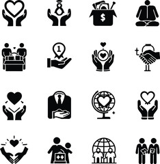A collection of sixteen black and white charity and donation related icons arranged in a grid pattern