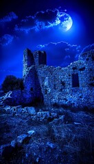 Fototapeta premium Eerie night sky with glowing moon and mist over ancient castle ruins in a fantasy setting