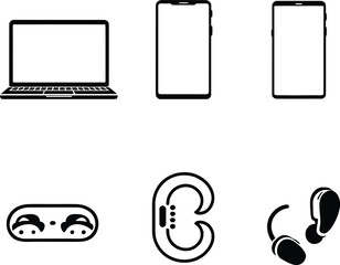 A collection of electronic devices including a laptop phones and three different sets of earbuds