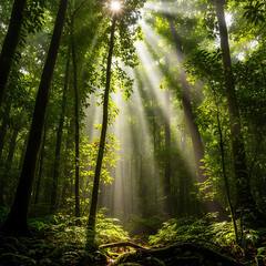 Magical Sun Rays Illuminating a Lush Green Forest Path in Morning Light