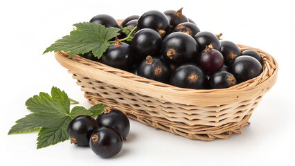 Black Currant in wicker basket and some cranberry on white Background