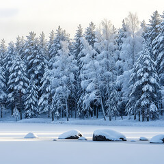 Tranquil Winter Wonderland with Snow dusted Trees and Iced Water