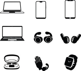 Black and white vector illustration of electronic devices and accessories on a white background