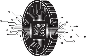 Digital cryptocurrency coin with microchip pattern for virtual finance and blockchain technology conceptual design element