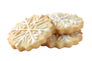 Stack of Snowflake Shaped Sugar Cookies with White Icing isolated on a transparent background image