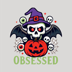 Fototapeta premium Witch Skull Halloween Graphic. Bat Wings, Jack Lantern & Spooky Accents.