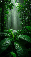 Lush Green Tropical Jungle with Sun Rays and Wet Leaves