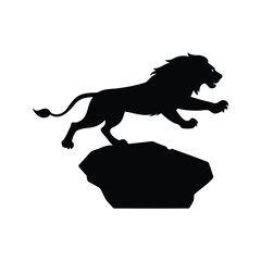 Silhouette of a roaring lion leaping off a rock formation in black, lion jumping down silhouette vector illustration