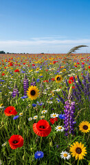 Vibrant Summer Wildflower Meadow with Poppies and Sunflowers