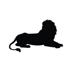Silhouette of a majestic male lion resting calmly on a white background, lion lying down silhouette vector illustration