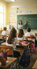 Obraz premium Bright classroom scene with students and teacher in a warm, lively setting.