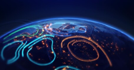 Artificial intelligence data network covering surface of planet Earth. Technology related 3d animation. - Powered by Adobe
