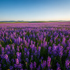 Naklejka premium Expansive Purple Flower Field with Rolling Green Hills and Blue Sky